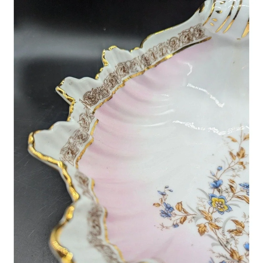 Antique Pink Hand Painted German Porcelain Seashell Serving Bowl Flowers 9.5